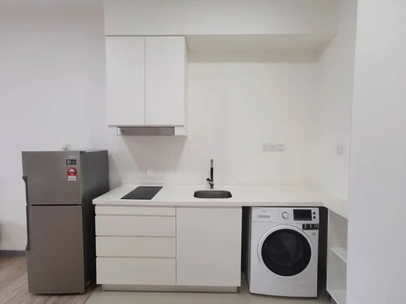 Kitchen features: white cabinetry, stainless-steel sink, chrome pull-down faucet, black countertop, built-in stove, stainless-steel refrigerator, front-load washing machine, open shelving, light-colored flooring; style: modern.