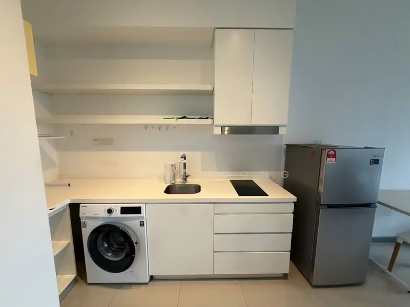 Kitchen features: white cabinetry, stainless-steel sink, chrome pull-down faucet, built-in stove cooktop, front-load washing machine, stainless-steel fridge, open shelving, white countertop, tile flooring, recessed downlights; style: modern.