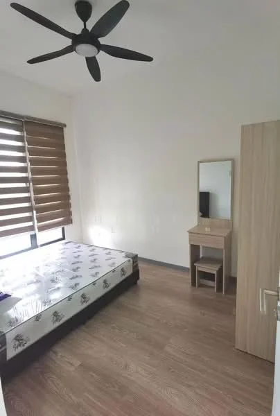 Bedroom features: queen-size bed, wooden flooring, 5-blade ceiling fan, window with wooden blinds, dressing table with mirror, wooden chair, built-in wardrobe, decorative wall art; style: modern.