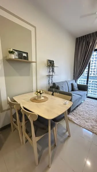 Dining features: light wood dining table, 4 light wood dining chairs, decorative vase with flowers on table, beige area rug, grey fabric sofa, floor-to-ceiling windows, curtains, wall-mounted shelf, neutral painted walls, recessed ceiling lights; style: modern; view: city.