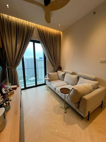 Living features: beige fabric sofa, small side table, floor-to-ceiling windows, sheer curtains, wooden flooring, recessed downlights, decorative wall, wall-mounted TV console; style: modern; view: city.