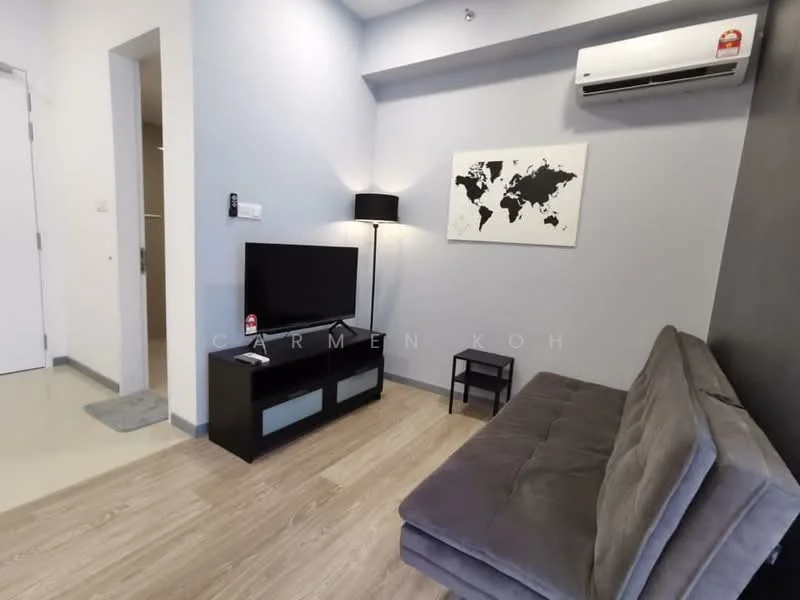 Living features: grey fabric sofa, black TV console, wall-mounted TV, light wood flooring, air conditioning unit, black floor lamp, world map wall art, neutral painted walls; style: modern.