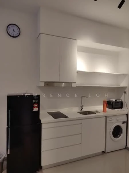 Kitchen features: white cabinetry with flat-panel doors, black refrigerator, stainless-steel sink, chrome pull-down faucet, white countertop, built-in oven, microwave, washing machine, wall clock, open shelving, tile flooring, recessed downlights; style: modern.