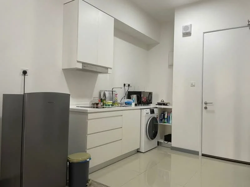 Kitchen features: white cabinetry, stainless-steel fridge, built-in oven, freestanding washing machine, white countertop, single-bowl stainless-steel sink, chrome pull-down faucet, tile backsplash, ceramic tile flooring, recessed downlights, wall-mounted ventilation fan, open shelving, kitchen appliances, waste bin; style: modern.
