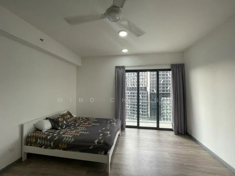 Bedroom features: queen-size bed with patterned bedding, 2 bedside pillows, ceiling fan with light, recessed LED downlights, floor-to-ceiling sliding glass door, curtains, wood laminate flooring, white painted walls; style: modern; view: city.