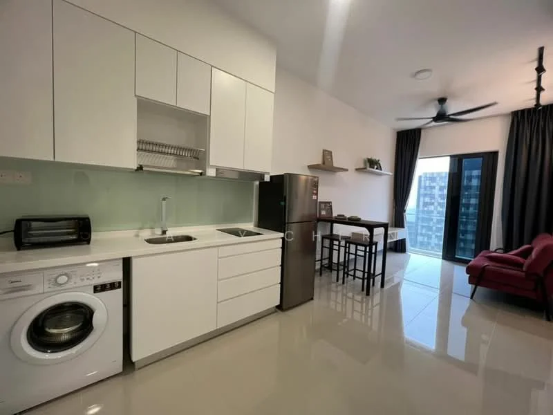 Kitchen features: white cabinetry, stainless-steel fridge, single-bowl stainless-steel sink, chrome pull-down faucet, built-in oven, microwave, ceramic tile flooring, recessed downlights, washing machine, breakfast bar with stools, floor-to-ceiling windows, curtains, ceiling fan; style: modern; view: city. Living features: 2-seater fabric sofa in red, coffee table, TV console, area rug, wall-mounted TV; style: modern; view: city.