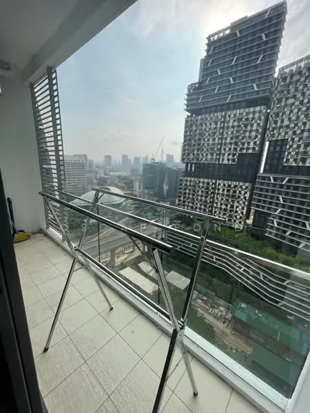 Room features: glass railing, tile flooring, metal drying rack, city skyline view, partially covered balcony, sliding glass door; style: modern; view: city.
