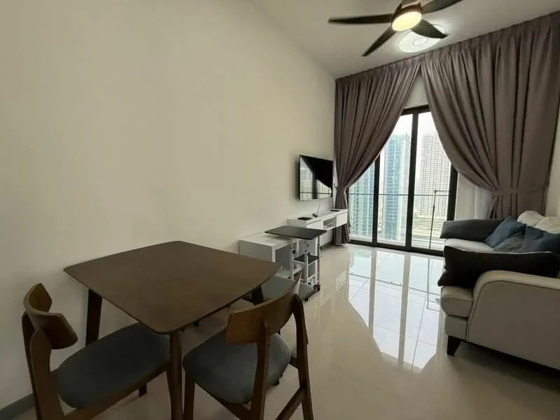 Living features: 3-seater fabric sofa in grey, wooden coffee table, TV console, wall-mounted TV, floor-to-ceiling windows, sliding glass door, curtains, ceiling fan with light, polished tile flooring, decorative cushions, area rug; style: modern; view: city. Dining features: 4-seater dining table, wooden dining chairs, polished tile flooring; style: modern; view: city.