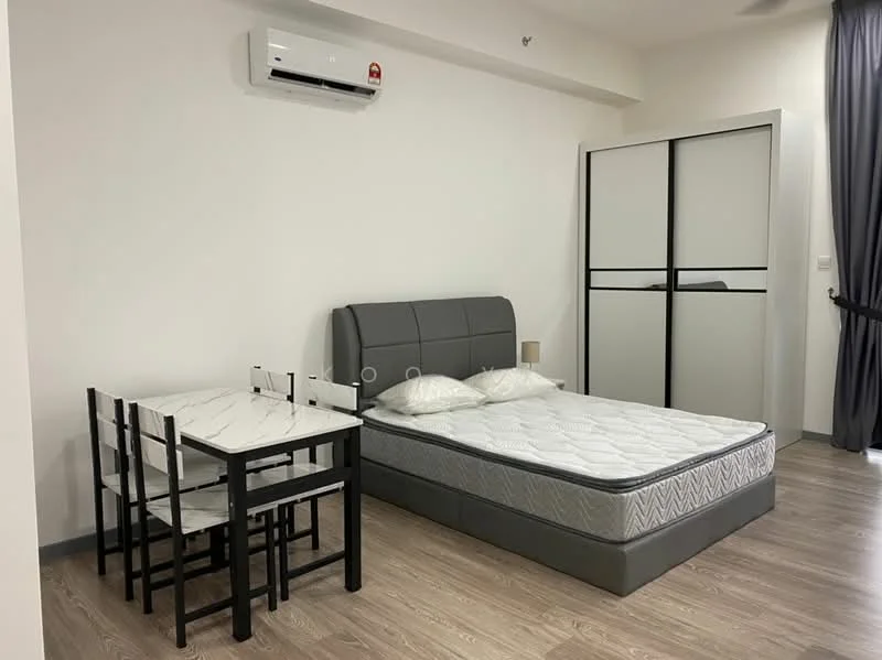 Bedroom features: queen-size bed with grey upholstered headboard, white mattress, black dining table with four chairs, built-in wardrobe with sliding doors, wall-mounted split AC unit, light grey laminate flooring, white painted walls, curtains in dark grey; style: modern.