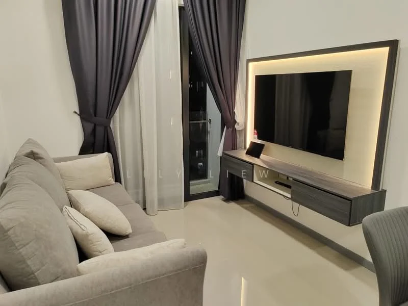 Living features: 3-seater fabric sofa in grey, decorative cushions, wall-mounted TV, TV console with built-in lighting, floor-to-ceiling windows, sheer curtains, blackout curtains, glossy tile flooring, recessed lighting; style: modern.