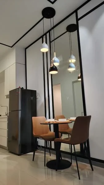 Dining features: round dining table, 2 dining chairs in beige and brown, black base for dining table, pendant lighting with multiple shades, mirrored wall, white painted walls, glossy tile flooring, black refrigerator; style: modern.
