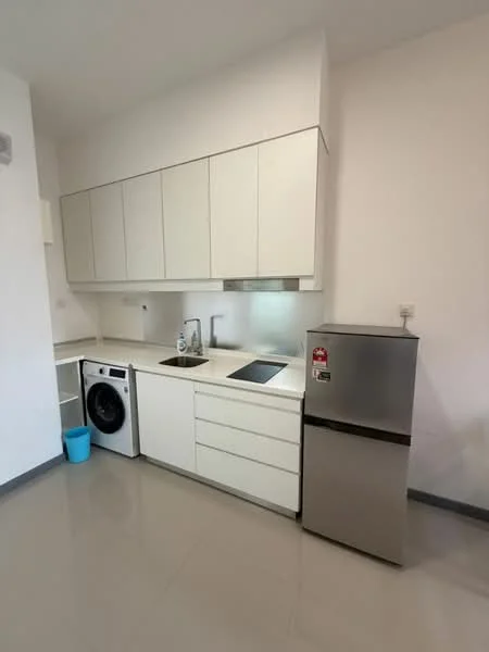 Kitchen features: white cabinetry, stainless-steel fridge, built-in oven, single-bowl stainless-steel sink, chrome pull-down faucet, ceramic tile flooring, white countertop, washing machine, under-cabinet lighting; style: modern.