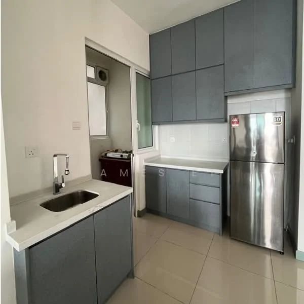 Kitchen features: single-bowl stainless-steel sink, chrome pull-down faucet, grey flat-panel cabinets, white quartz countertop, stainless-steel fridge, ceramic tile flooring, wall-mounted cabinets, window for natural light; style: modern.