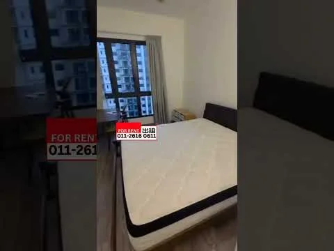 Bedroom features: queen-size bed, wooden bed frame, nightstand, window with city view, laminate flooring, white painted walls, desk, chair; style: modern; view: city.