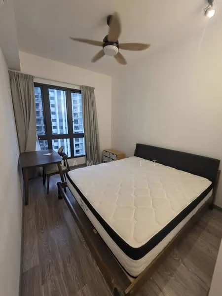 Bedroom features: queen-size bed, wooden bed frame, ceiling fan, floor-to-ceiling windows, curtains, wooden flooring, study desk, chair, nightstand; style: modern.