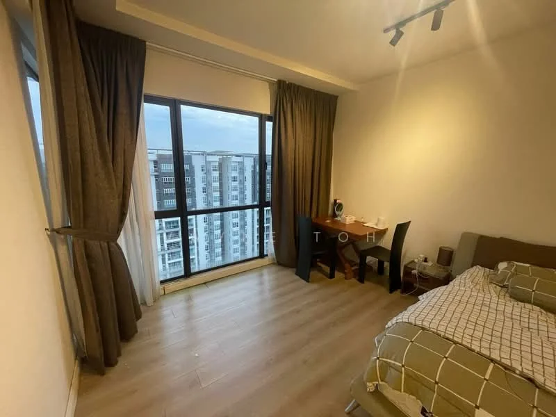 Bedroom features: queen-size bed, upholstered headboard, bedside table, black dining chairs, wooden dining table, floor-to-ceiling windows, sheer curtains, grey accent wall, laminate flooring, recessed downlights; style: modern; view: city.