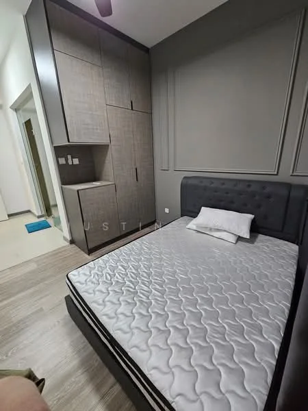 Bedroom features: queen-size bed, upholstered headboard, grey accent wall, built-in wardrobe with grey cabinetry, wooden flooring, recessed downlights, white bedding, decorative wall paneling; style: modern.