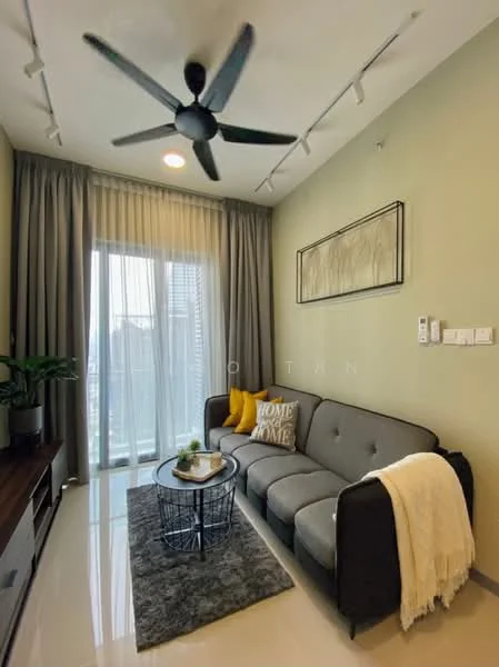 Living features: 3-seater fabric sofa in grey, coffee table with black metal base, area rug in dark color, floor-to-ceiling windows, sheer curtains, 5-blade ceiling fan with light, wall-mounted TV, decorative wall art, potted plant, throw blanket in cream, cushions in yellow and grey; style: modern; view: city.