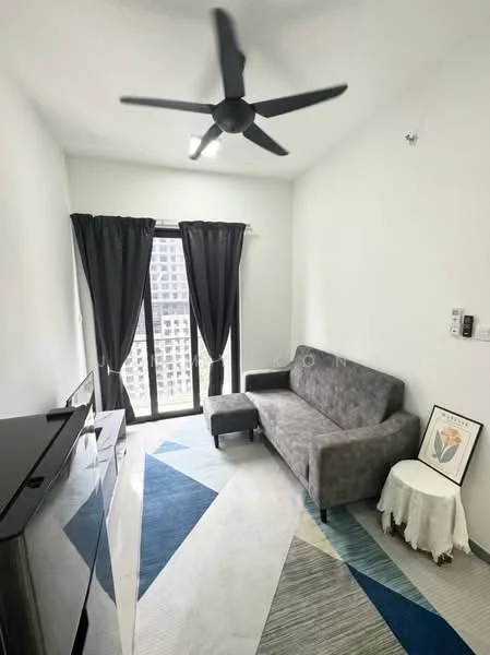 Living features: grey fabric sofa, small ottoman, black TV console, floor-to-ceiling windows, blackout curtains, 5-blade ceiling fan with light, area rug with geometric pattern, decorative side table, white painted walls; style: modern; view: city.
