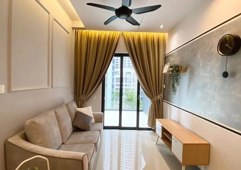 Living features: 3-seater fabric sofa in beige, floor-to-ceiling windows, sliding glass door, sheer curtains, blackout curtains, wooden TV console, wall-mounted clock, decorative wall with chalkboard finish, recessed downlights, ceiling fan with light, glossy tile flooring, indoor plants; style: modern; view: garden.