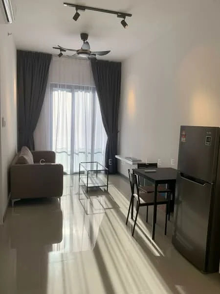 Living features: grey fabric sofa, glass coffee table, black dining table with chairs, stainless-steel fridge, floor-to-ceiling windows, sheer curtains, recessed downlights, polished tile flooring, ceiling fan with light; style: modern.