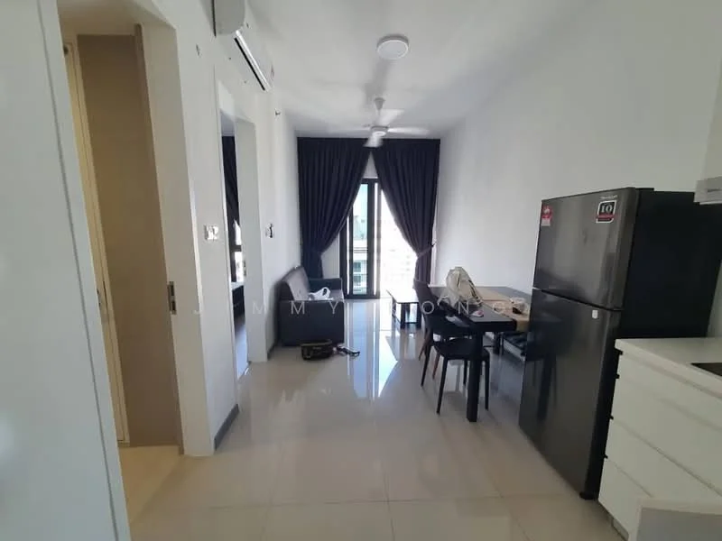 Living features: white painted walls, glossy tile flooring, 5-blade ceiling fan with light, floor-to-ceiling windows, blackout curtains, dining table with four chairs, stainless-steel fridge, kitchen cabinetry, open layout, air conditioning unit; style: modern; view: city.