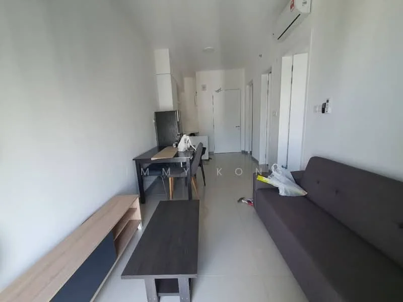 Living features: grey fabric sofa, wooden coffee table, black dining table, white walls, tile flooring, air conditioning unit, door to hallway, door to bathroom, window with natural light; style: modern.