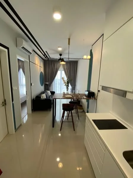 Living features: white painted walls, grey curtains, sofa in black, wooden dining table with stools, pendant light fixture, recessed downlights, floor-to-ceiling window, polished tile flooring, air conditioning unit, decorative vase with flowers, wall-mounted mirror, blue accent wall; style: modern. Kitchen features: white cabinetry, black countertop, stainless-steel sink, built-in stove, refrigerator, open shelving; style: modern.