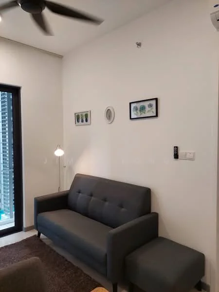 Living features: grey fabric sofa, floor lamp, wall-mounted artwork, white painted walls, recessed downlights, ceiling fan, dark area rug, sliding glass door to balcony; style: modern.