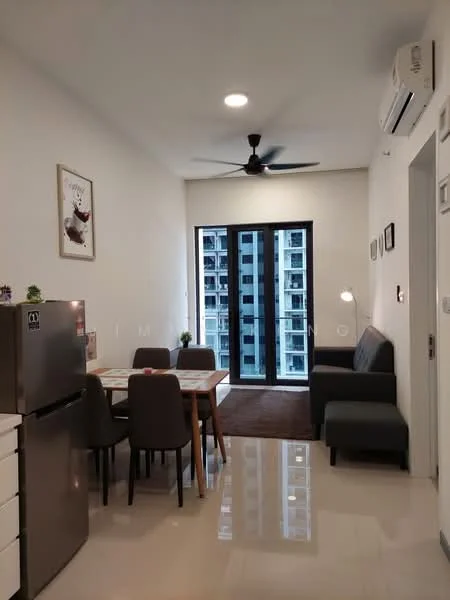 Dining features: white walls, glossy tile flooring, 5-blade ceiling fan with light, dining table with 4 chairs, fridge, sofa, floor-to-ceiling windows, curtains, wall-mounted light, decorative artwork; style: modern; view: city.