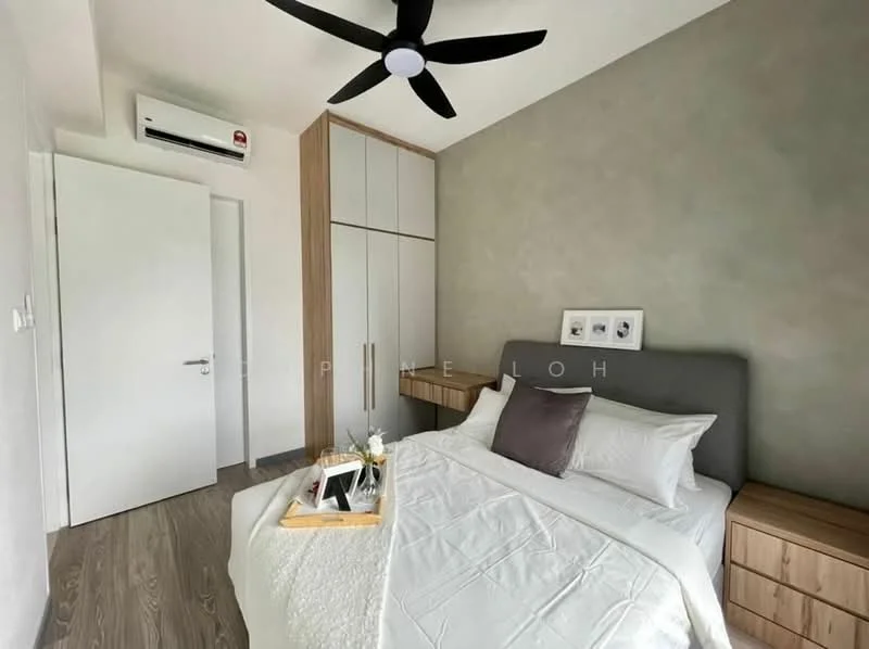 Bedroom features: queen-size bed with grey upholstered headboard, white bedding with decorative throw pillow, 2 bedside tables with drawers, wall-mounted artwork with three frames, built-in wardrobe with sliding doors, light wood cabinetry, grey accent wall, 5-blade ceiling fan, wall-mounted air conditioning unit, laminate flooring; style: modern.