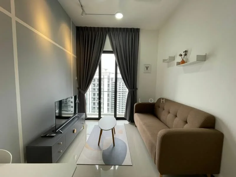 Living features: brown fabric sofa, white coffee table, TV console with storage, wall-mounted TV, floor-to-ceiling windows, grey curtains, light grey accent wall, white walls, recessed ceiling lights, decorative wall shelves, area rug with geometric pattern; style: modern; view: city.