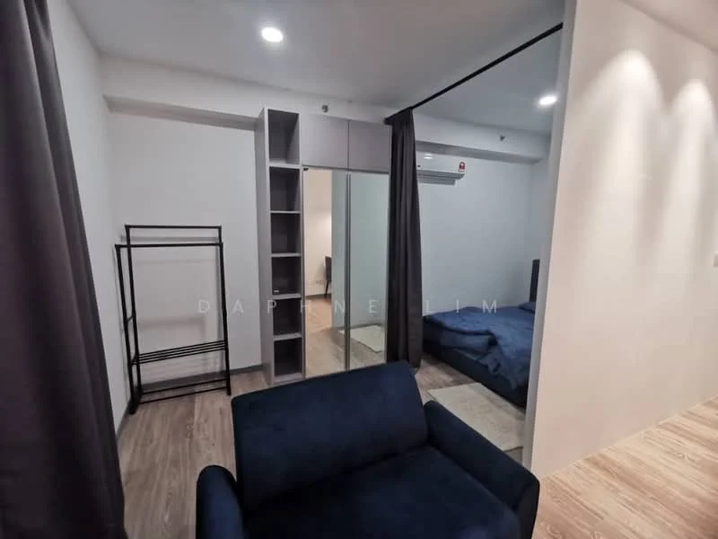 Room features: grey fabric sofa, wooden flooring, mirror wall, built-in wardrobe with sliding doors, shelving unit, air conditioning unit, blackout curtains, bed with blue bedding; style: modern.