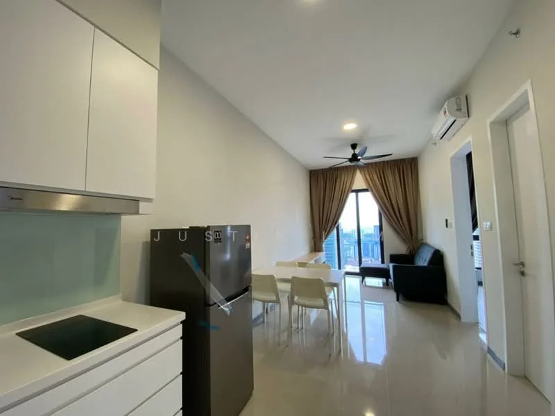 Kitchen features: white cabinetry, stainless-steel fridge, built-in oven, ceramic cooktop, white countertop, glass backsplash; style: modern. Living features: 3-seater black sofa, dining table for 4, floor-to-ceiling windows, curtains, ceiling fan, marble tile flooring, wall-mounted air conditioning unit; style: modern; view: city.
