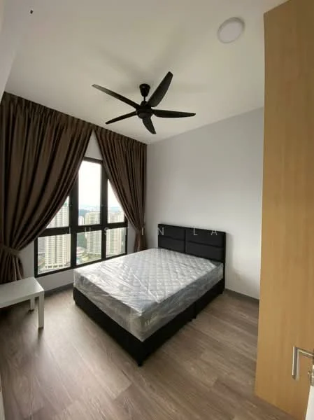 Bedroom features: queen-size bed, upholstered headboard, 5-blade ceiling fan, floor-to-ceiling windows, dark brown curtains, wooden flooring, nightstand, city view; style: modern; view: city.