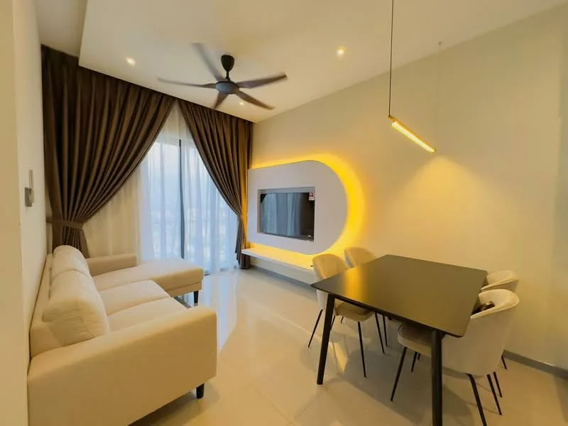 Living features: 3-seater fabric sofa in cream, ceiling fan with light, wall-mounted TV, feature wall with backlighting, dining table for 4, upholstered dining chairs, floor-to-ceiling windows with sheer curtains, grey tiled flooring, recessed lighting, decorative wall panel; style: modern; view: city.