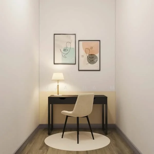 Study features: wooden flooring, white painted walls, desk with drawer, cream upholstered chair, table lamp, abstract wall art, round area rug, minimalist decor; style: modern.