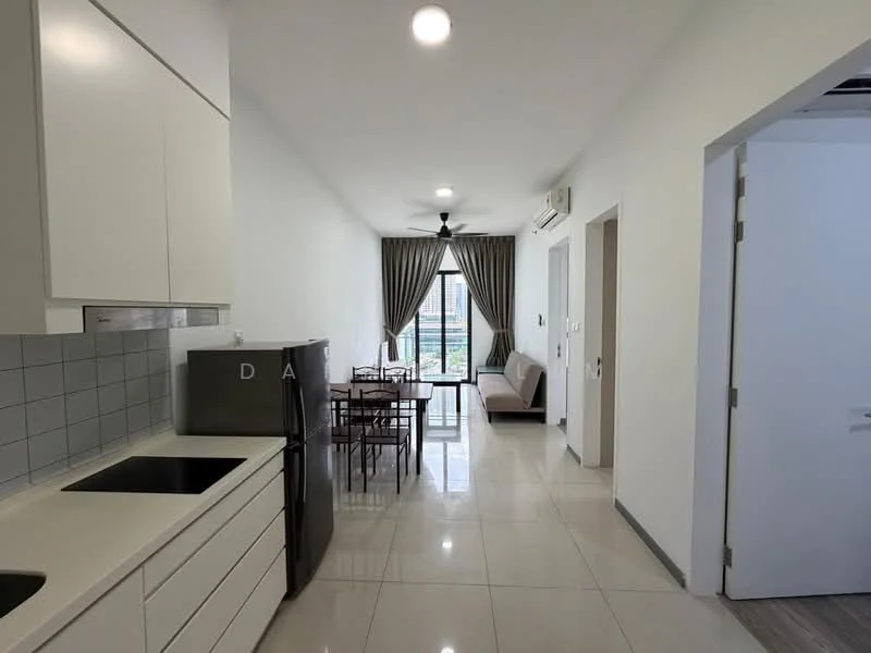 Kitchen features: white cabinetry, black countertop, double-bowl stainless-steel sink, chrome pull-down faucet, built-in refrigerator, ceramic tile flooring, grey tiled backsplash, recessed downlights; style: modern; view: city. Dining features: 4-seater dining table, metal dining chairs, natural light from window, ceramic tile flooring; style: modern; view: city. Living features: sofa, ceiling fan, curtains, natural light from window, ceramic tile flooring; style: modern; view: city.