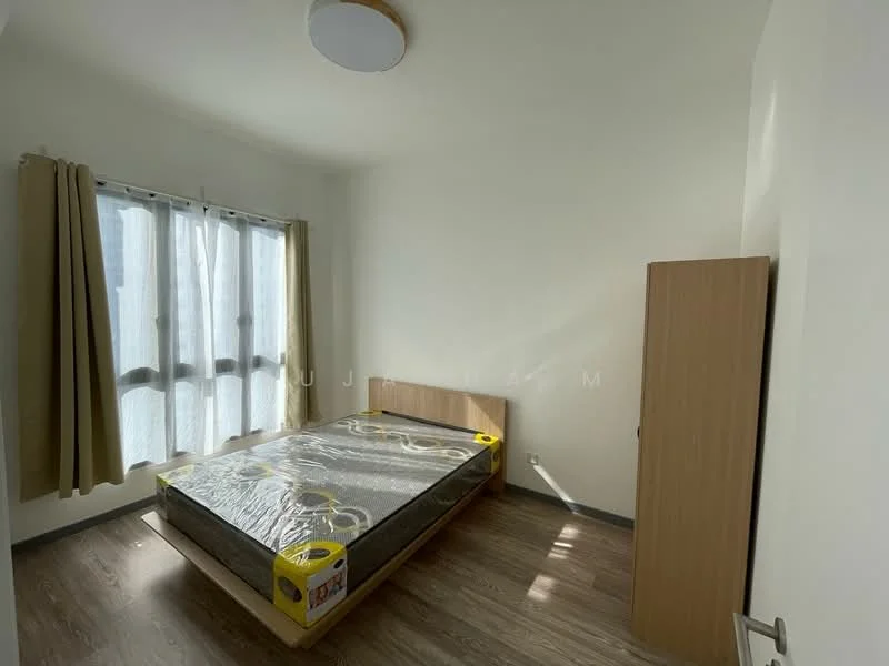 Bedroom features: queen-size bed with mattress, wooden bed frame, light wood wardrobe, floor-to-ceiling windows, sheer curtains, laminate flooring, ceiling light fixture, neutral painted walls; style: modern.