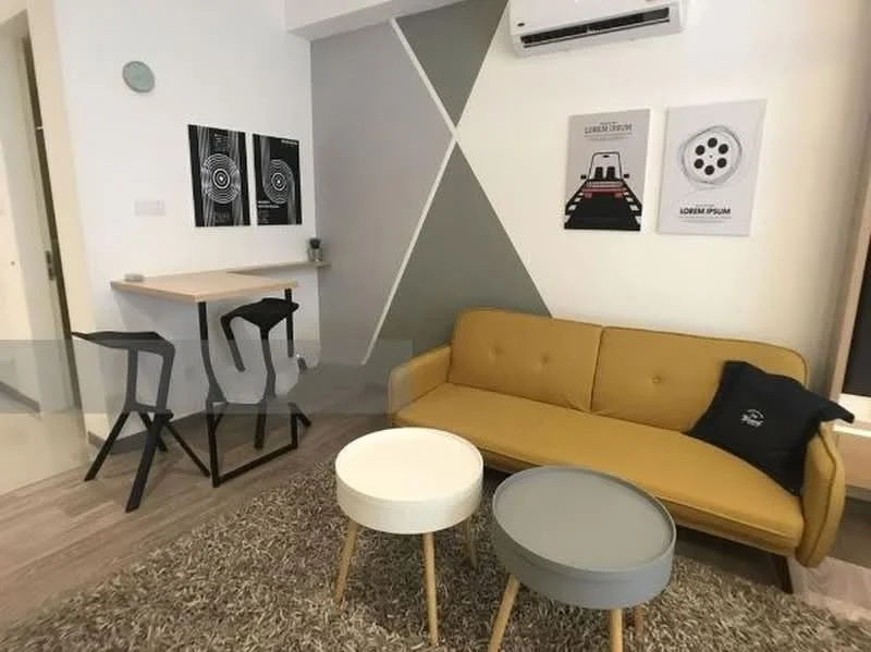 Living features: yellow fabric sofa, 2 round coffee tables in grey and white, area rug with textured pattern, bar table with 2 black stools, wall-mounted air conditioning unit, wall art with geometric designs, light wood flooring, white painted walls, decorative wall clock; style: modern.