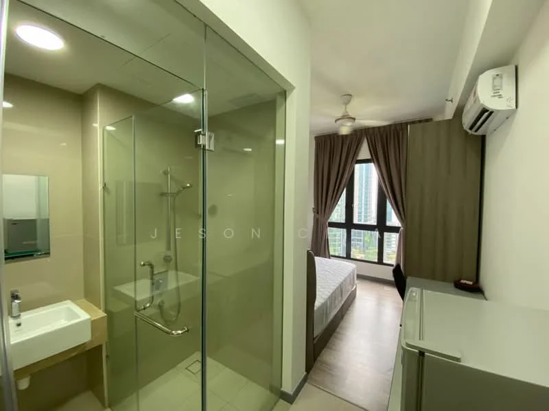 Bathroom features: glass shower enclosure, rain shower head, handheld shower, single-bowl sink, vanity with wood cabinet, mirror above sink, tile cladding on walls, light-colored flooring; style: modern. Bedroom features: queen-size bed, bedside table, desk with chair, floor-to-ceiling windows, curtains, wall-mounted air conditioning unit; style: modern; view: city.