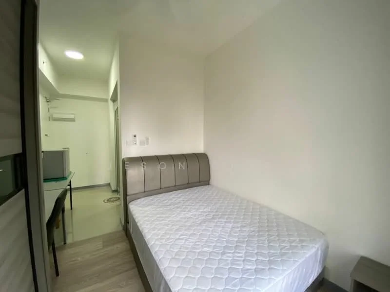Bedroom features: queen-size bed, upholstered headboard, white walls, laminate flooring, ceiling light, window with natural light, study desk, chair, built-in wardrobe; style: modern.
