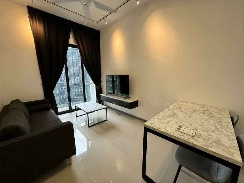 Living features: grey fabric sofa, marble-top coffee table, wall-mounted TV, TV console, floor-to-ceiling windows, blackout curtains, recessed downlights, white painted walls, polished tile flooring, ceiling fan; style: modern; view: city.