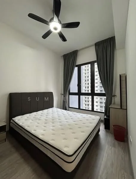 Bedroom features: queen-size bed, upholstered headboard, 5-blade ceiling fan with light, floor-to-ceiling windows, grey curtains, wooden flooring, nightstand, decorative wall, wall-mounted lamp; style: modern.