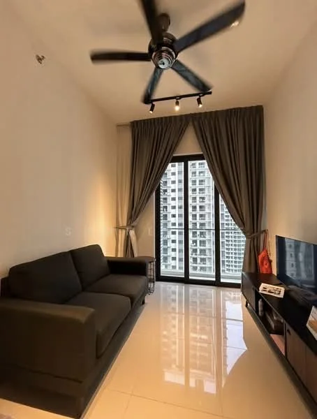 Living features: 3-seater fabric sofa in black, floor-to-ceiling windows, sheer curtains, blackout curtains, wall-mounted TV, TV console, recessed downlights, 5-blade ceiling fan, glossy tile flooring, decorative wall, light-colored walls; style: modern; view: city.