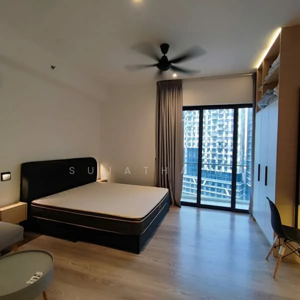 Bedroom features: queen-size bed, black upholstered bed frame, wooden flooring, floor-to-ceiling windows, grey curtains, ceiling fan, wall-mounted bedside lamps, built-in wardrobe with sliding doors, study desk, chair, decorative wall paneling; style: modern; view: city.
