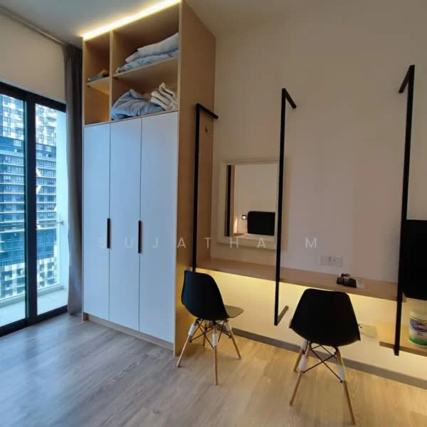 Room features: floor-to-ceiling windows, white painted walls, light wood flooring, built-in wardrobe with white doors, mirror on wall, desk with lighting, two black chairs, shelves with folded towels, TV mounted on wall, LED strip lighting under desk; style: modern; view: city.