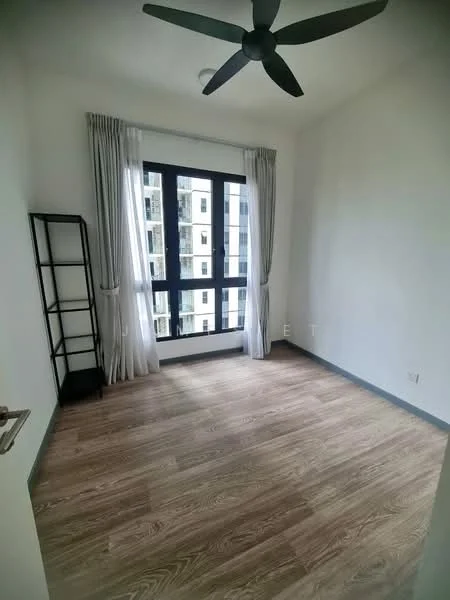 Bedroom features: laminate flooring, white painted walls, 5-blade ceiling fan, floor-to-ceiling windows, sheer curtains, black metal shelving unit, natural light, view of exterior building; style: modern; view: city.