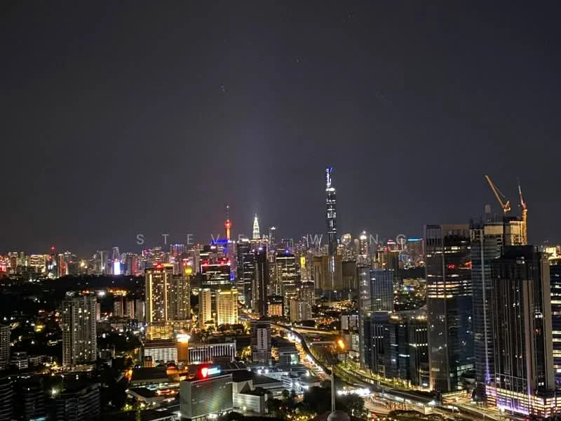 Exterior features: city skyline view, night lighting, high-rise buildings, visible landmarks, urban landscape; style: modern.