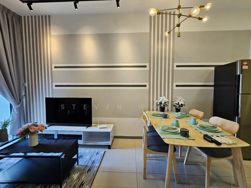 Living features: grey accent wall, white painted walls, recessed downlights, floor-to-ceiling windows, black coffee table, white TV console, wall-mounted TV, area rug with geometric pattern, dining table with wooden top, 4 dining chairs, decorative flowers in vase, kitchen refrigerator; style: modern; view: city.